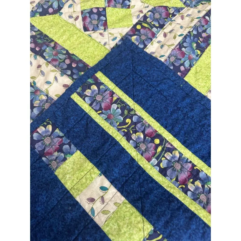 Vintage Hand Made Blue Green Geometric Baby Quilt 31”x31”